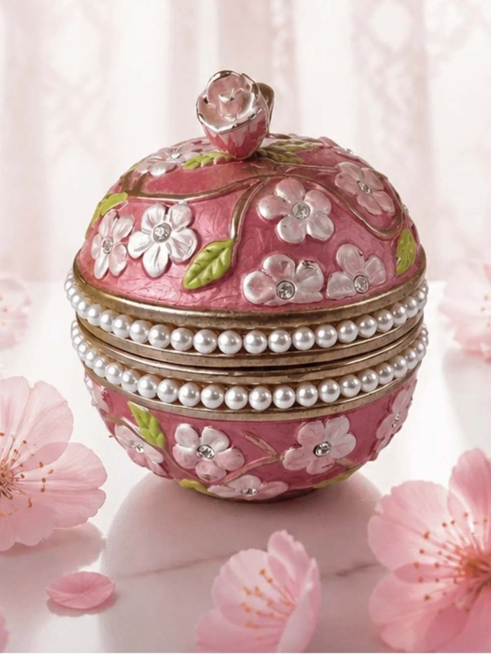 Vintage Rucinni Enamel Pink Apple Blossom Trinket Box With Swarovski Crystals